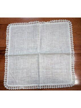 Vintage 18" White Linen Handkerchief with Handmade Crochet Lace Edging Delicate